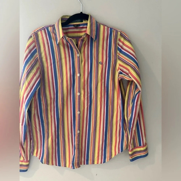 Lauren by Ralph Lauren Multi-Color Striped Button Up Cotton Blouse SZ S M0342 - Picture 2 of 9